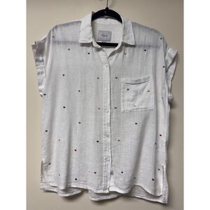 RAILS Whitney White Embroidered Heart Short Sleeve Button Front Blouse, Sz S